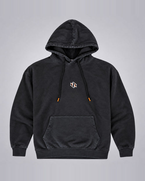HMBLE Hoodie 2026 in stone washed black, front view with chest logo and orange drawstring tips